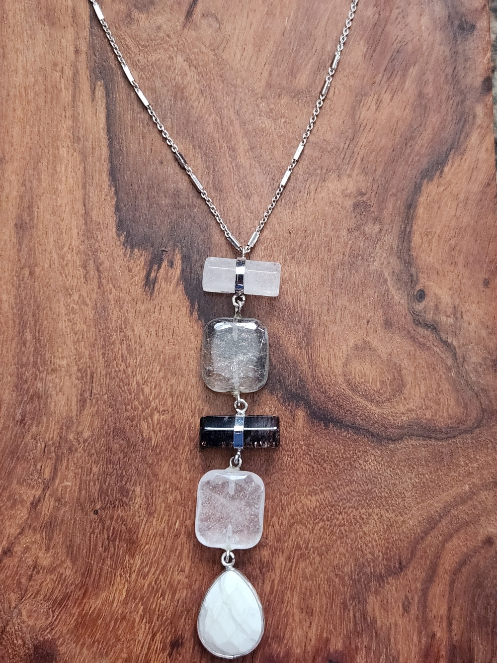 LOFT Silvertone Cabochon Drop Necklace Black White Charcoal Work Casual